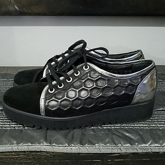 AQUATALIA ITALIAN DESIGNER BLACK SILVER PLATFORM LACE SNEAKERS TRAINERS SIZE 8 - Picture 1 of 8